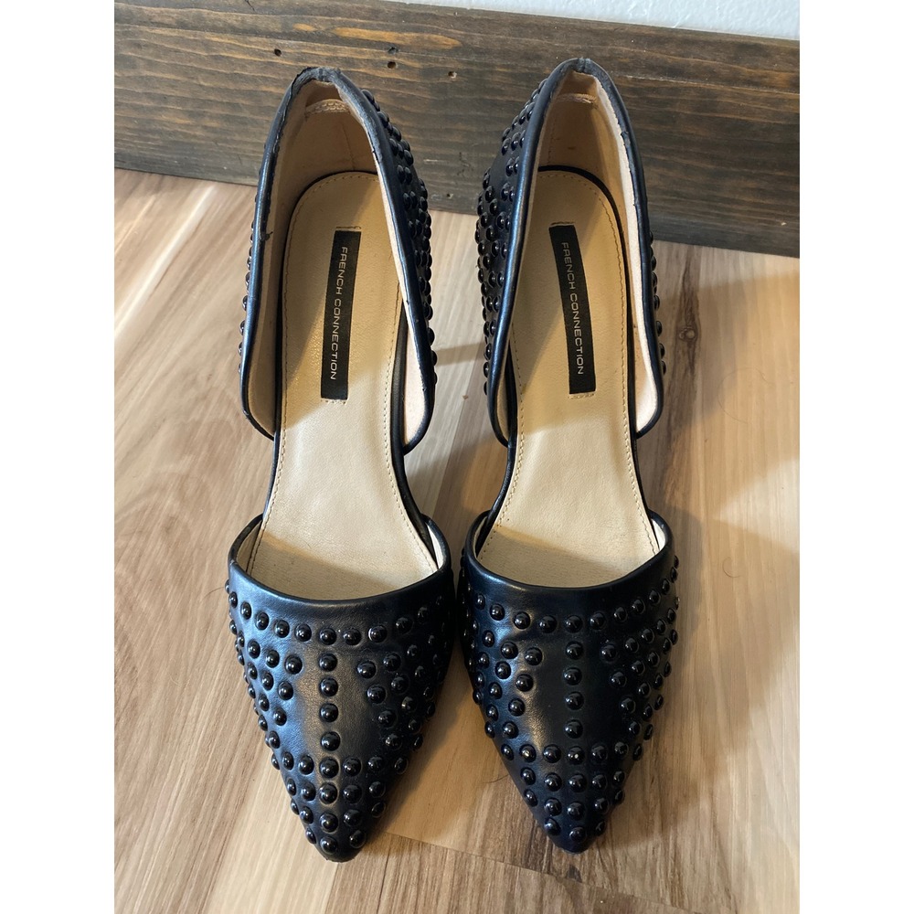 French Connection Black Studded d'Orsay Pointed Toe Pumps Heels Size 7.5